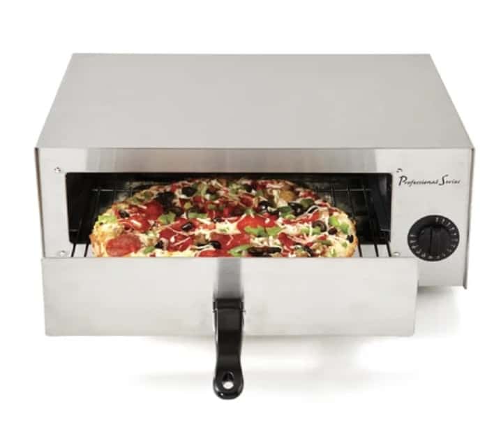 The Continental Electric PS-PO891 Pizza Oven can cook 12-inch pizzas in about 10 minutes. It’s  compact and easy to clean with a crumb tray and stainless steel accessories.