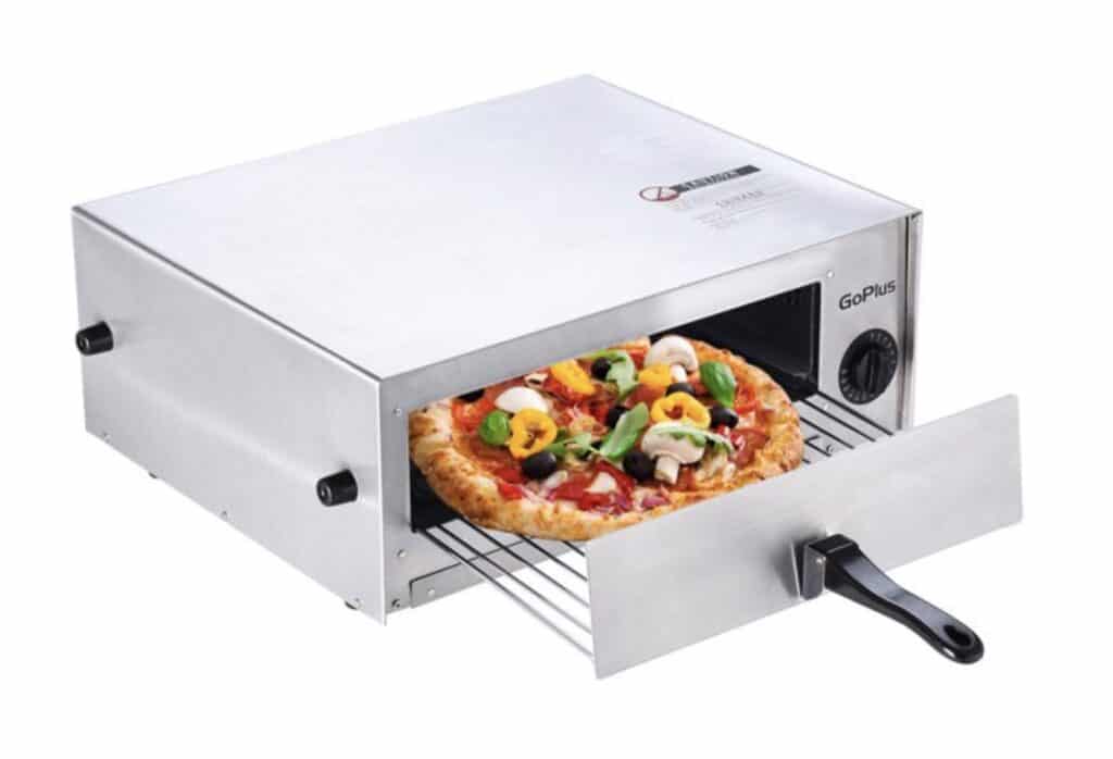 The GoPlus Electric Pizza Oven is safe and easy to use. It has an Insulated handle and a timer that turns it off after the pizza is cooked. It also cooks pizza in less than 15 minutes.