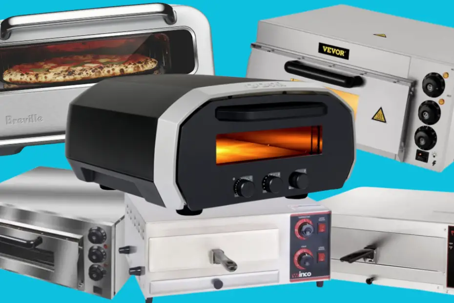5 of the best electric pizza ovens in a collage picture, including the Ooni Volt and the Brevia Smart Oven Pizzaiolo pizza oven